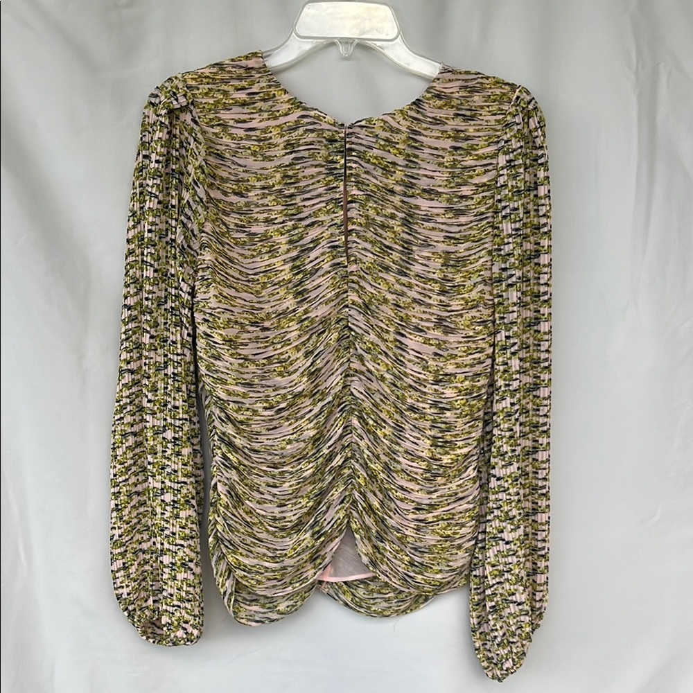White House Black Market Ruched Long Sleeve Blouse in Pink and Green